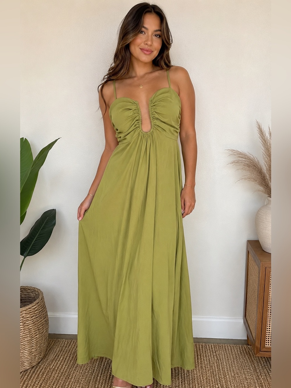 NWOT Olive Green Ruched Plunge Maxi Dress Size M
